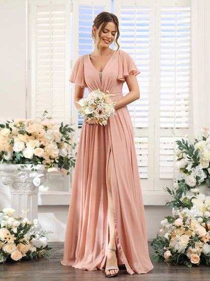 A-Line Deep V-Neck Short Sleeves Split Side Chiffon Bridesmaid Dresses