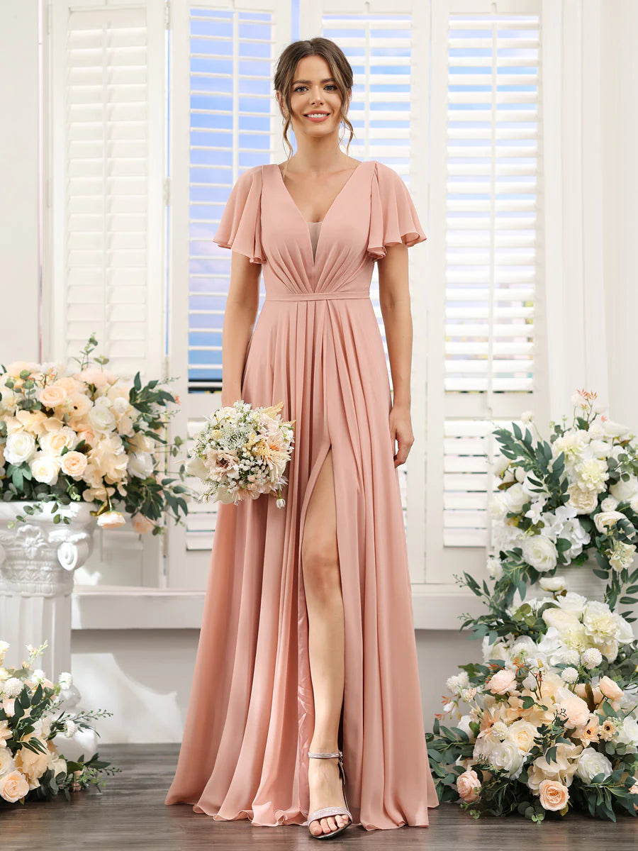 A-Line Deep V-Neck Short Sleeves Split Side Chiffon Bridesmaid Dresses