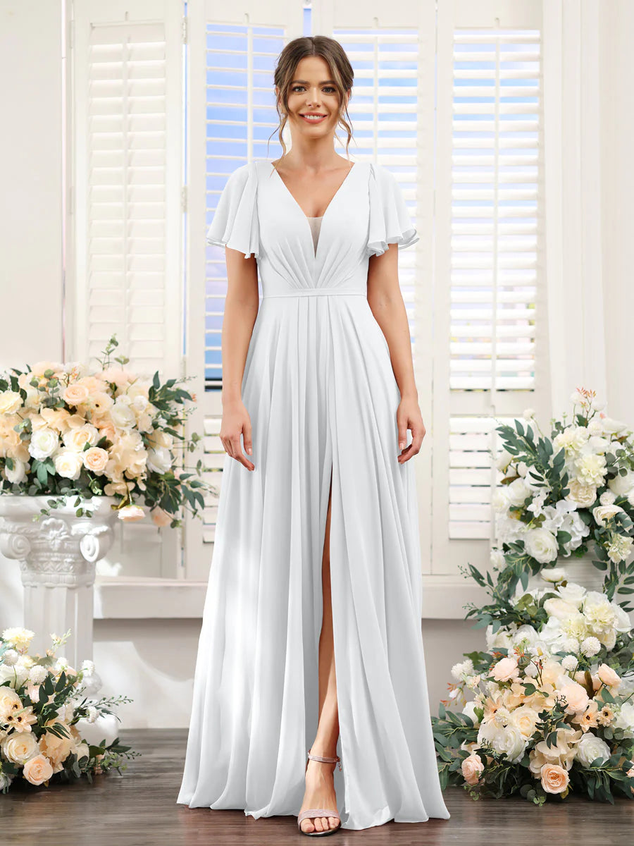 A-Line Deep V-Neck Short Sleeves Split Side Chiffon Bridesmaid Dresses