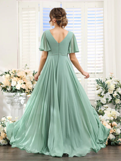 A-Line V-Neck Short Sleeves Split Side Ruffles Chiffon Bridesmaid Dresses