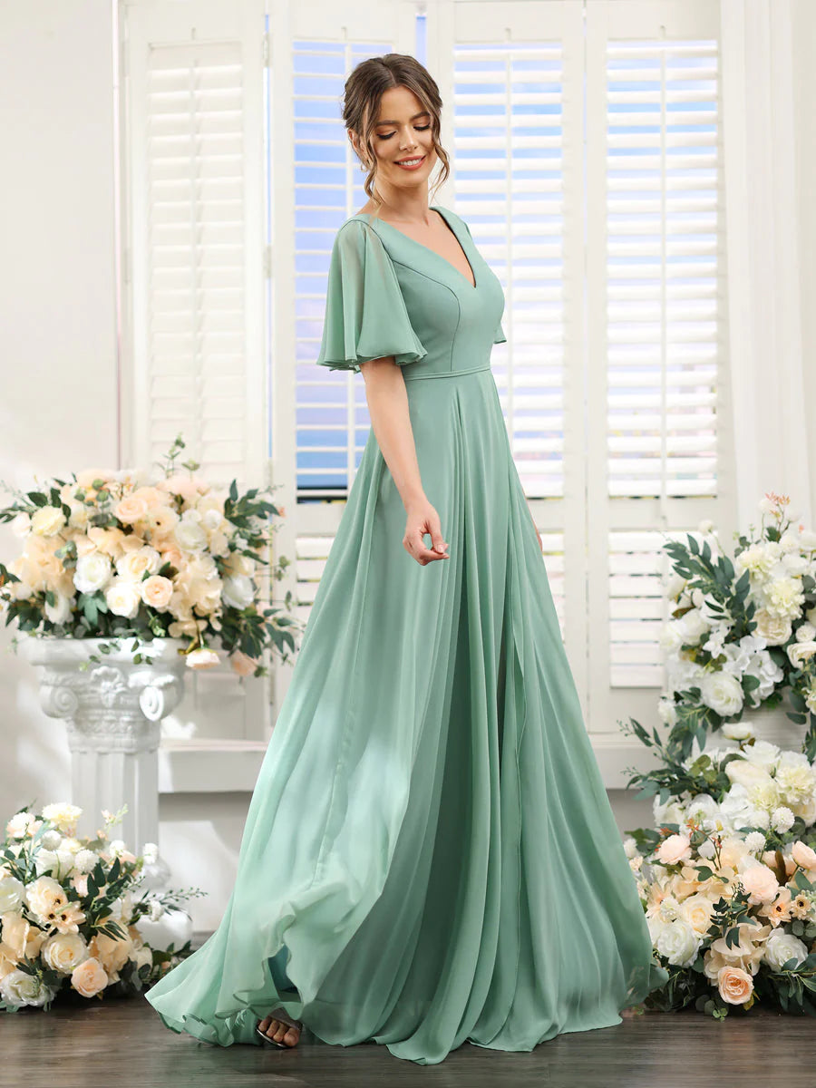 A-Line V-Neck Short Sleeves Split Side Ruffles Chiffon Bridesmaid Dresses