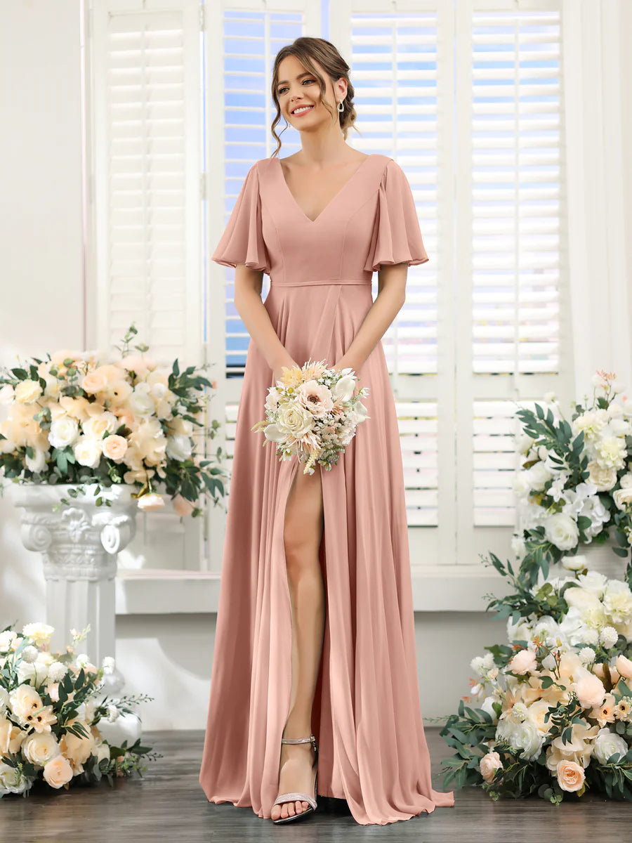 A-Line V-Neck Short Sleeves Split Side Ruffles Chiffon Bridesmaid Dresses