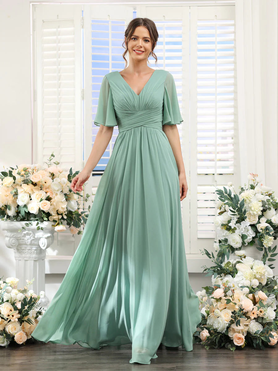 A-Line V-Neck Half Sleeves Split Side Chiffon Bridesmaid Dresses With Pockets