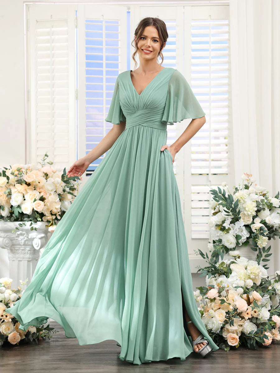 A-Line V-Neck Half Sleeves Split Side Chiffon Bridesmaid Dresses With Pockets