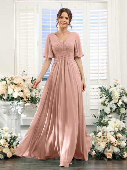 A-Line V-Neck Half Sleeves Split Side Chiffon Bridesmaid Dresses With Pockets