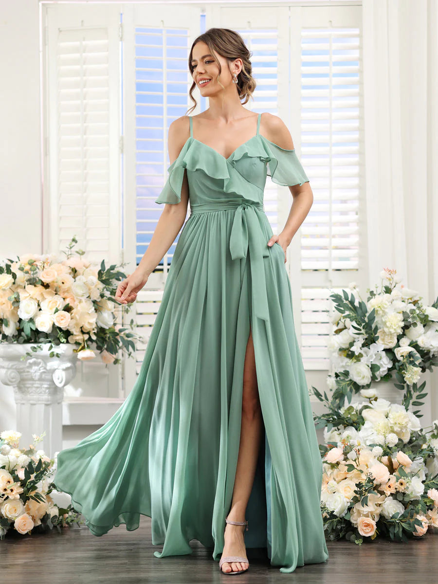 A-Line V-Neck Spaghetti Straps Chiffon Bridesmaid Dresses With Pockets