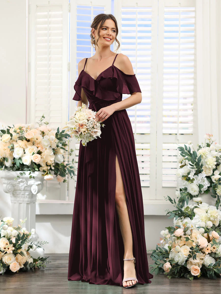 A-Line V-Neck Spaghetti Straps Chiffon Bridesmaid Dresses With Pockets