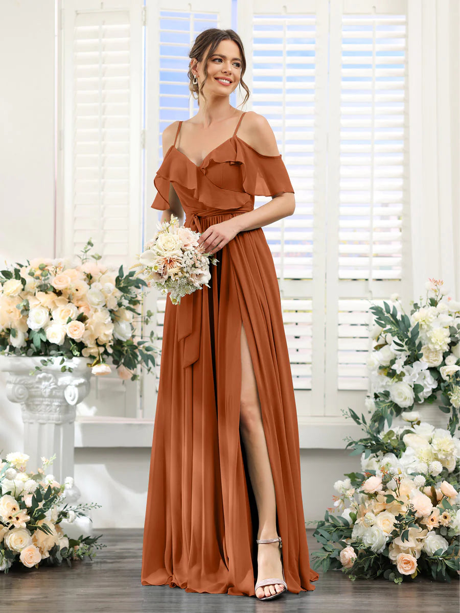 A-Line V-Neck Spaghetti Straps Chiffon Bridesmaid Dresses With Pockets