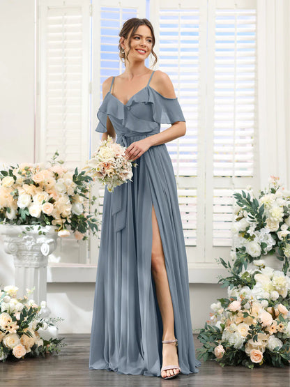 A-Line V-Neck Spaghetti Straps Chiffon Bridesmaid Dresses With Pockets