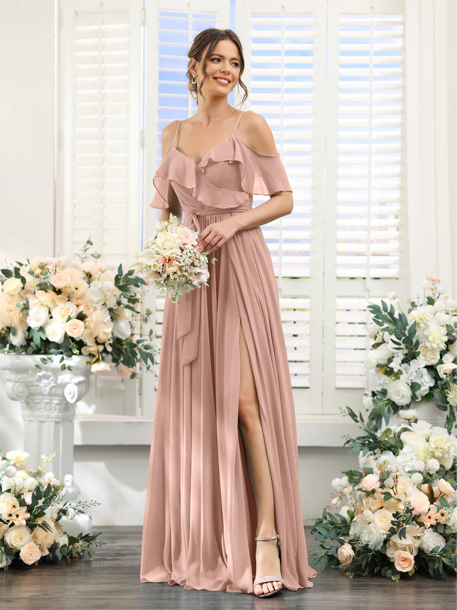 A-Line V-Neck Spaghetti Straps Chiffon Bridesmaid Dresses With Pockets