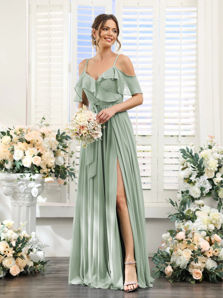 A-Line V-Neck Spaghetti Straps Chiffon Bridesmaid Dresses With Pockets