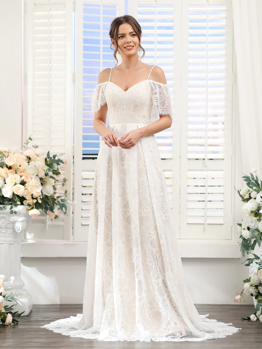 A-Line Spaghetti Straps Short Sleeves Long Lace Wedding Dresses