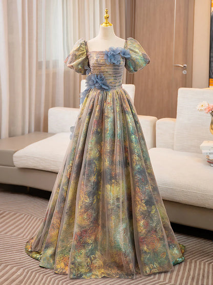 A-Line Puff Sleeves Gold Long Prom Dress Quinceanera Dress With Flower