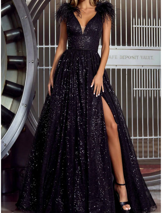 A-Line Evening Gown Elegant Dress Formal V Neck Sequined with Feather Sequin