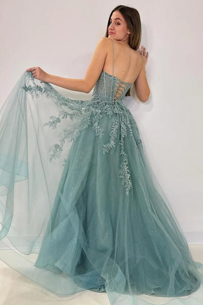 Sweetheart Spaghetti Straps Tulle A-Line Long Prom Dresses with Appliques