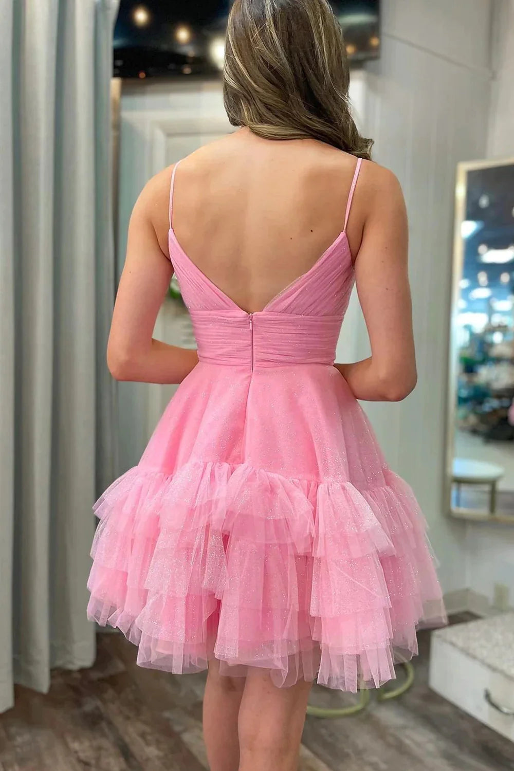 Unique A Line Spaghetti Straps Pink Short Homecoming Dress with Ruffles