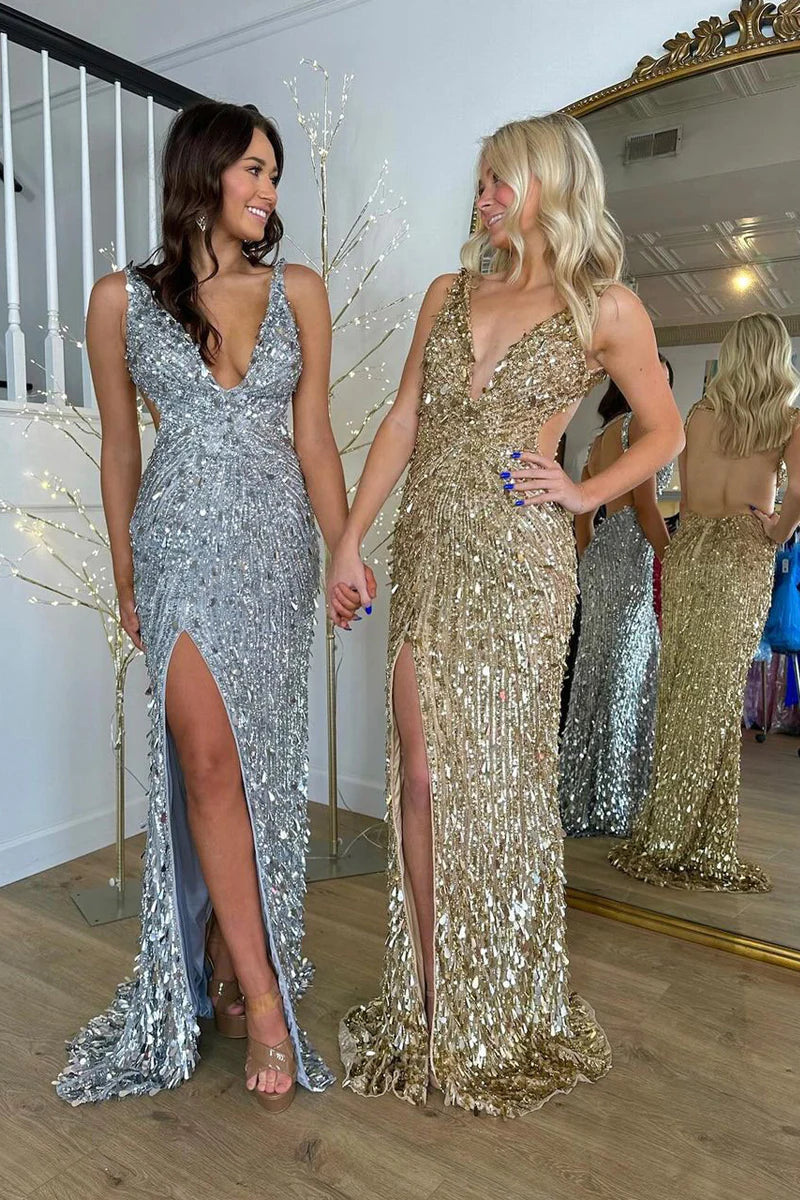 Gold Sequins Mermaid Long Prom Dresses with Slit