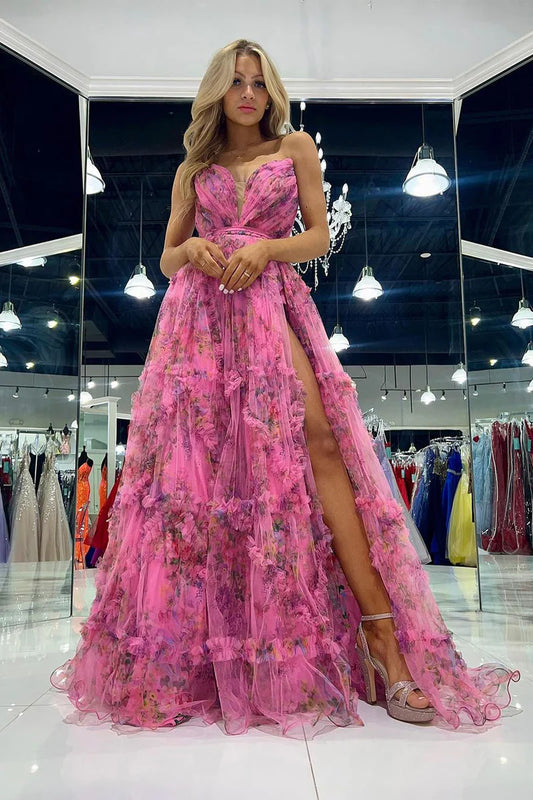 A-Line Strapless Floral Printed Chiffon Long Spring Prom Dresses