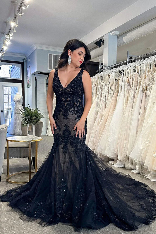 Black V Neck Lace Appliques Mermaid Prom Dresses with Beading