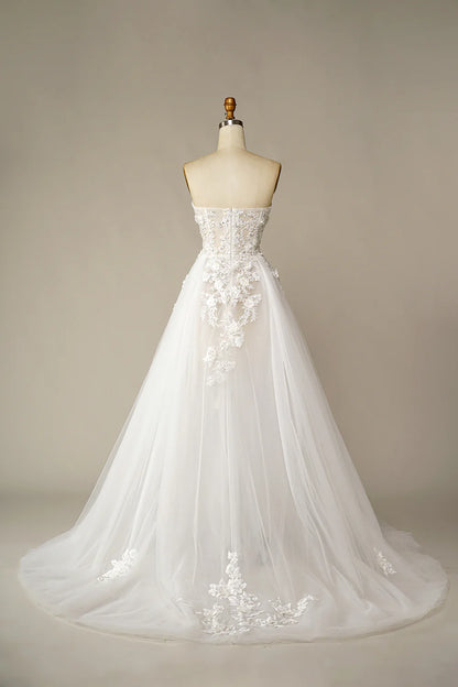 White A Line Strapless Train Dress Wedding Dress with Appliques