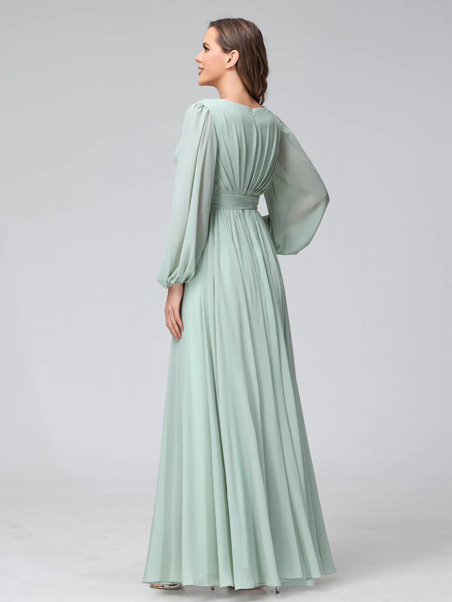 A-Line V-Neck Long Sleeves Chiffon Long Bridesmaid Dresses With Ruffles Split Side