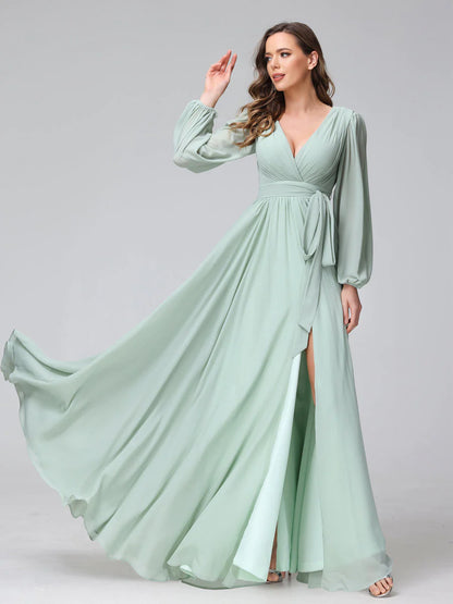 A-Line V-Neck Long Sleeves Chiffon Long Bridesmaid Dresses With Ruffles Split Side