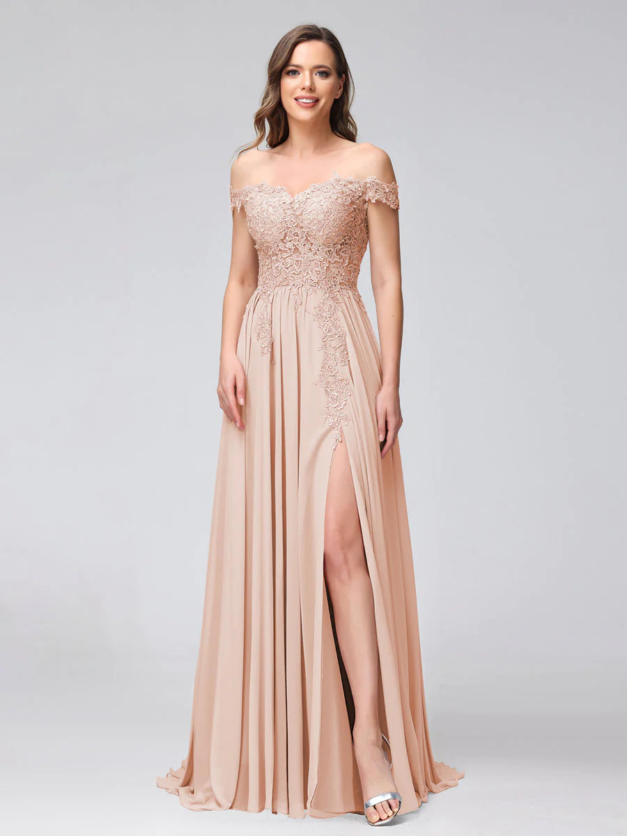 A-Line Off-The-Shoulder Sleeveless Appliqued Chiffon Long Bridesmaid Dresses With Side Slit