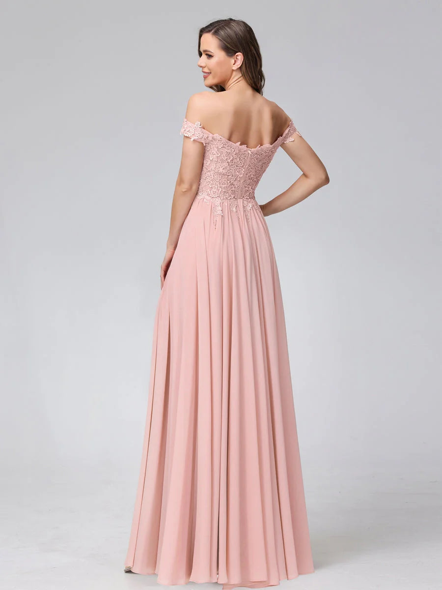 A-Line Off-The-Shoulder Sleeveless Appliqued Chiffon Long Bridesmaid Dresses With Side Slit