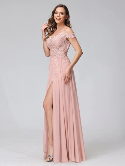 A-Line Off-The-Shoulder Sleeveless Appliqued Chiffon Long Bridesmaid Dresses With Side Slit