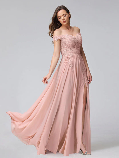 A-Line Off-The-Shoulder Sleeveless Appliqued Chiffon Long Bridesmaid Dresses With Side Slit