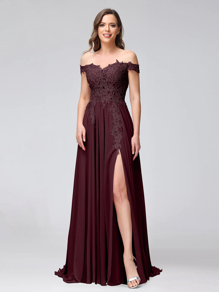 A-Line Off-The-Shoulder Sleeveless Appliqued Chiffon Long Bridesmaid Dresses With Side Slit