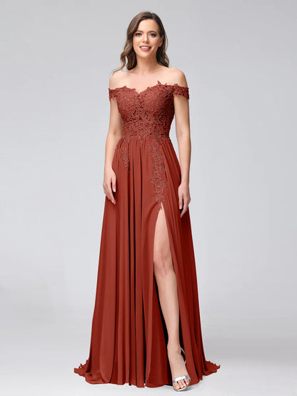 A-Line Off-The-Shoulder Sleeveless Appliqued Chiffon Long Bridesmaid Dresses With Side Slit