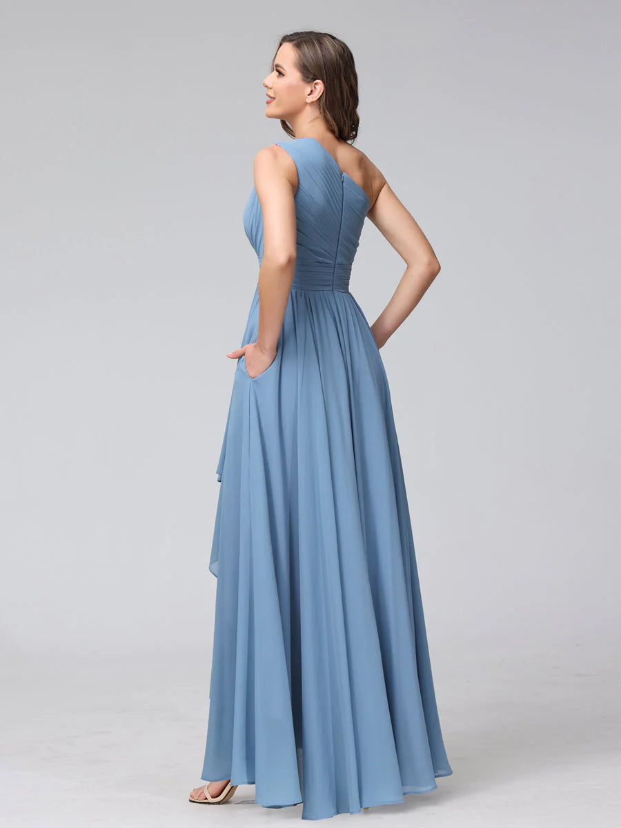 A-Line One-Shoulder Sleeveless Chiffon High Low Bridesmaid Dresses With Pockets