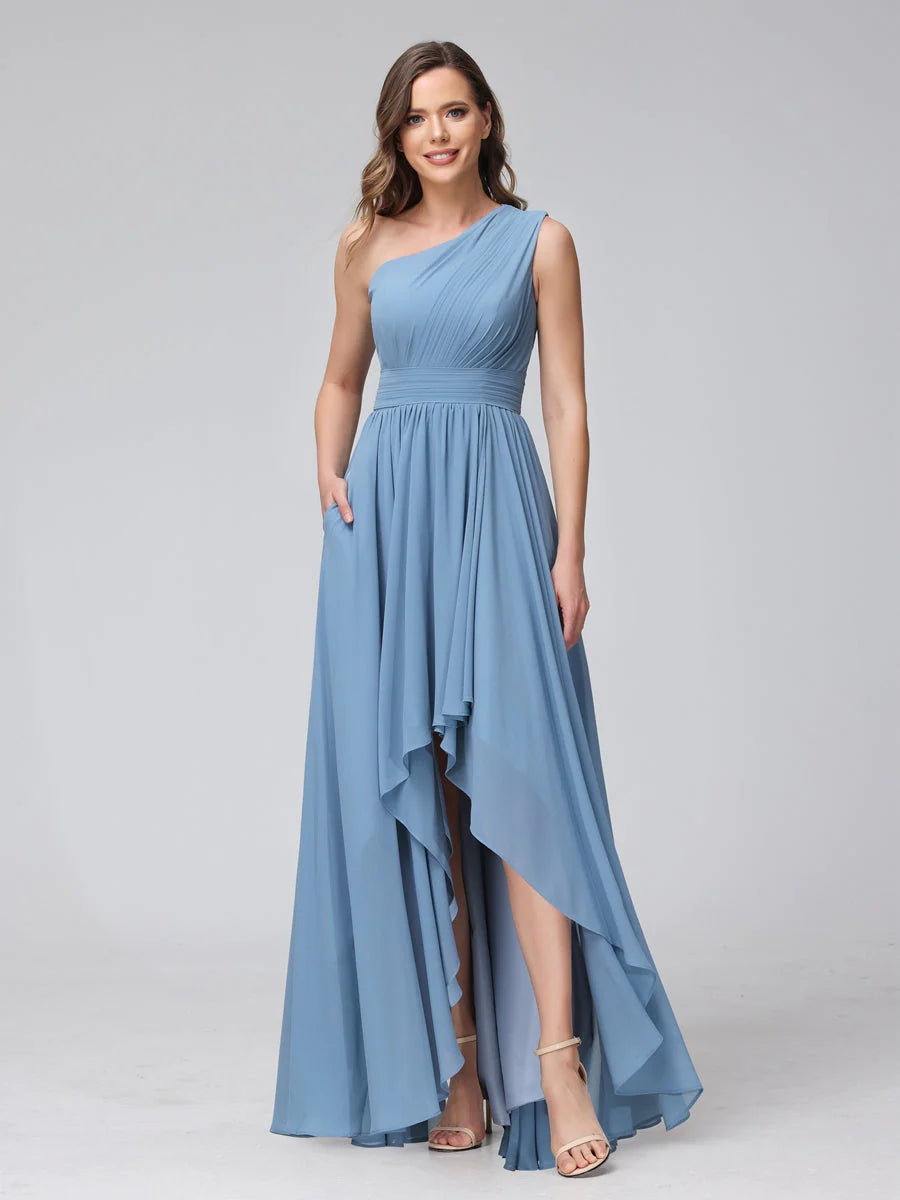 A-Line One-Shoulder Sleeveless Chiffon High Low Bridesmaid Dresses With Pockets