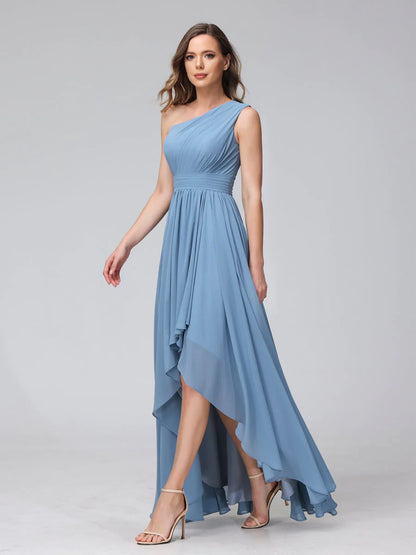 A-Line One-Shoulder Sleeveless Chiffon High Low Bridesmaid Dresses With Pockets