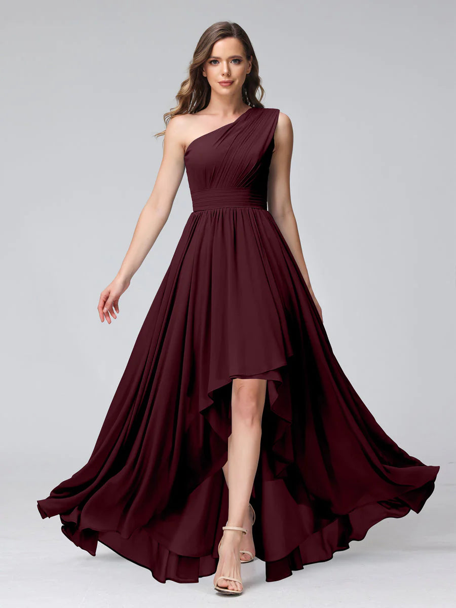 A-Line One-Shoulder Sleeveless Chiffon High Low Bridesmaid Dresses With Pockets