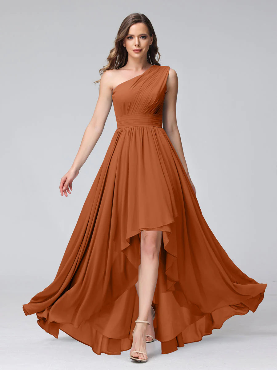 A-Line One-Shoulder Sleeveless Chiffon High Low Bridesmaid Dresses With Pockets