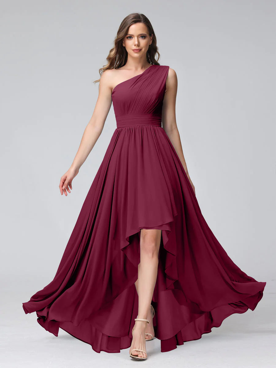 A-Line One-Shoulder Sleeveless Chiffon High Low Bridesmaid Dresses With Pockets