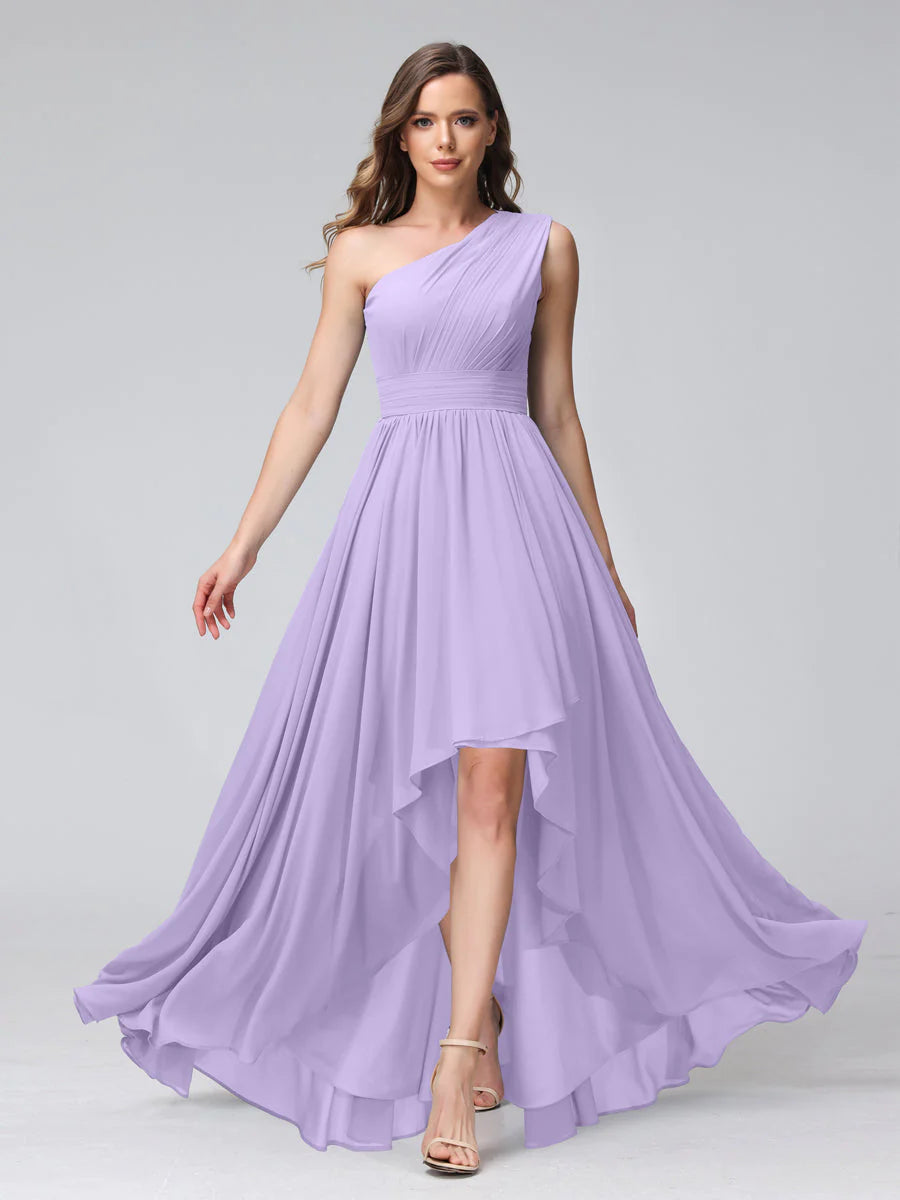 A-Line One-Shoulder Sleeveless Chiffon High Low Bridesmaid Dresses With Pockets