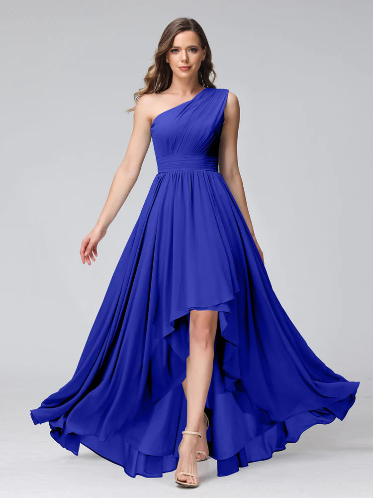 A-Line One-Shoulder Sleeveless Chiffon High Low Bridesmaid Dresses With Pockets