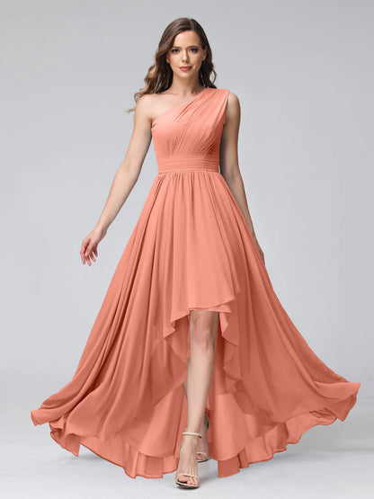 A-Line One-Shoulder Sleeveless Chiffon High Low Bridesmaid Dresses With Pockets