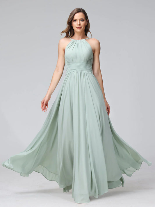 A-Line Halter Sleeveless Ruched Floor-Length Chiffon Bridesmaid Dresses