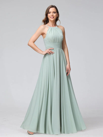 A-Line Halter Sleeveless Ruched Floor-Length Chiffon Bridesmaid Dresses