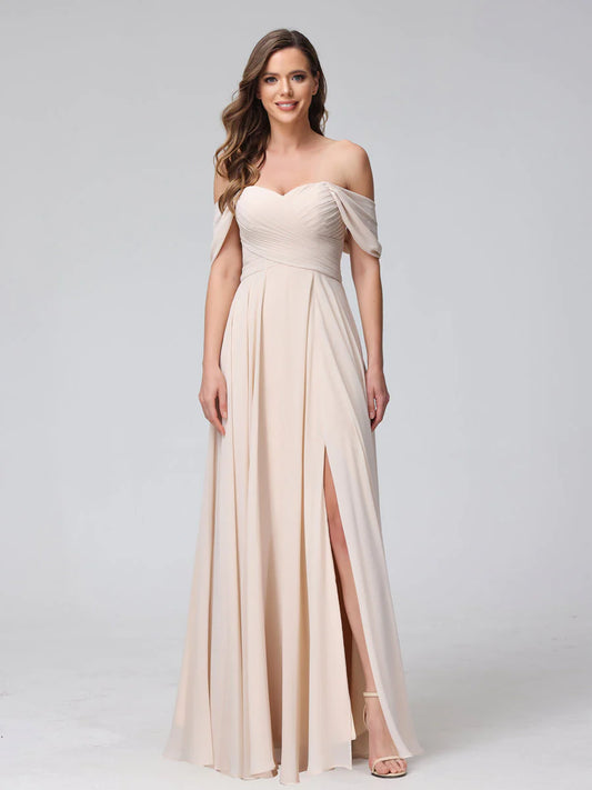 A-Line Off-The-Shoulder Sleeveless Ruched Long Chiffon Bridesmaid Dresses With Split Side