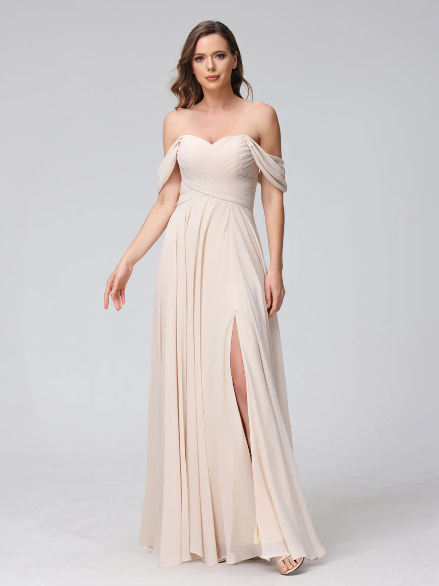 A-Line Off-The-Shoulder Sleeveless Ruched Long Chiffon Bridesmaid Dresses With Split Side