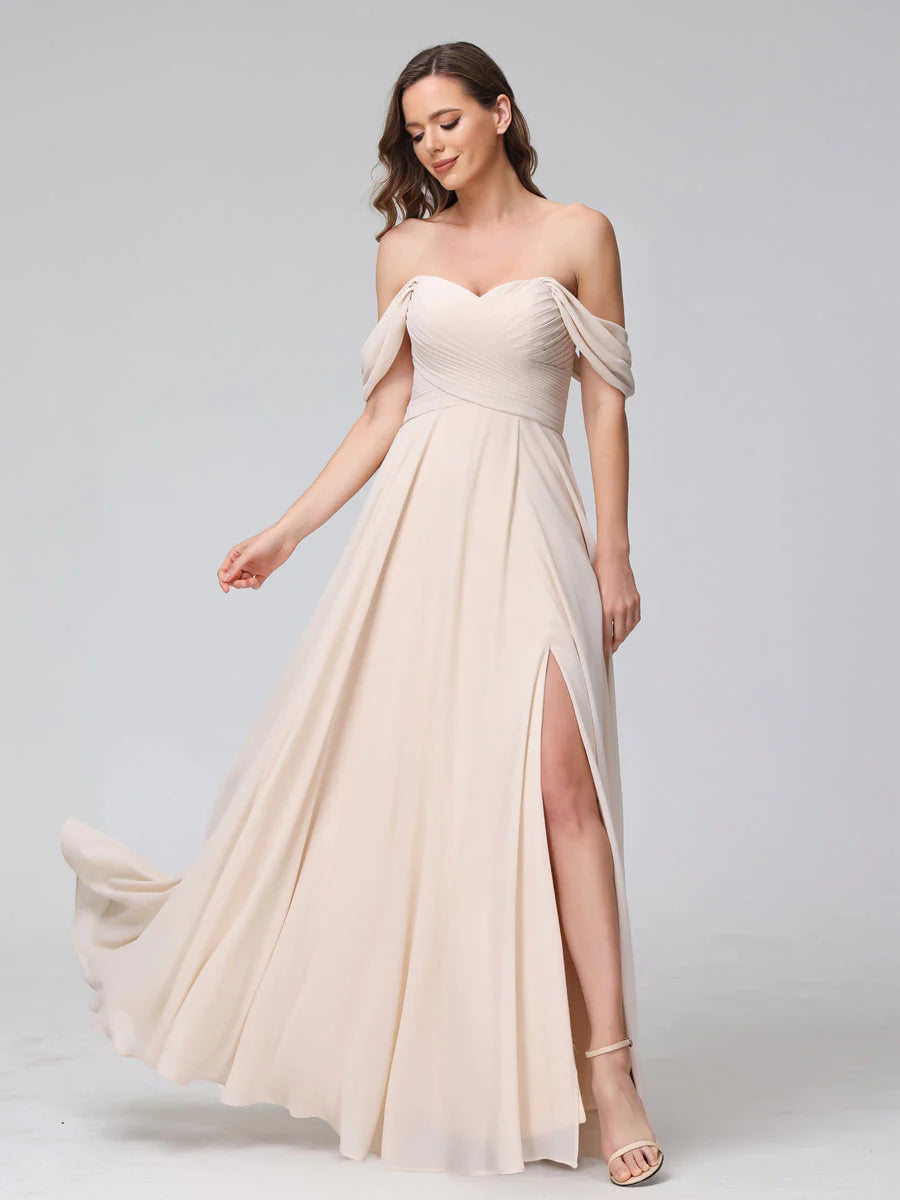 A-Line Off-The-Shoulder Sleeveless Ruched Long Chiffon Bridesmaid Dresses With Split Side