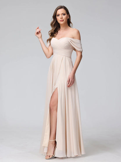 A-Line Off-The-Shoulder Sleeveless Ruched Long Chiffon Bridesmaid Dresses With Split Side