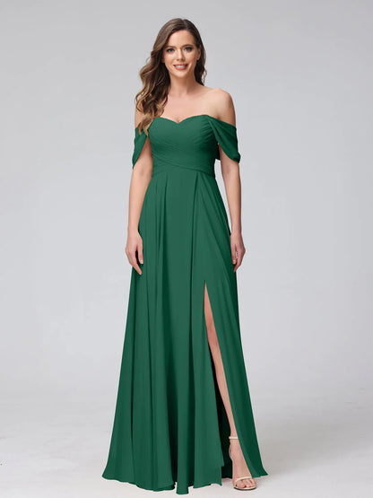 A-Line Off-The-Shoulder Sleeveless Ruched Long Chiffon Bridesmaid Dresses With Split Side