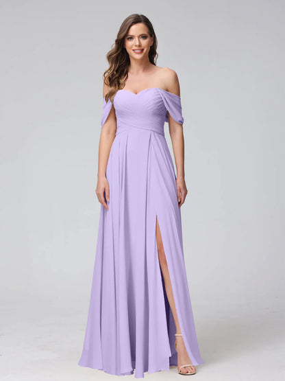 A-Line Off-The-Shoulder Sleeveless Ruched Long Chiffon Bridesmaid Dresses With Split Side