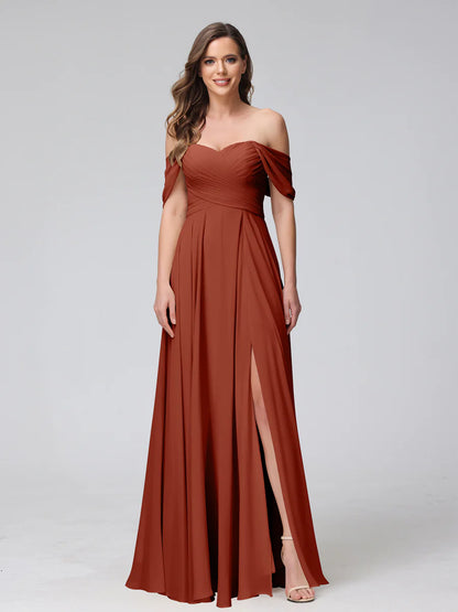 A-Line Off-The-Shoulder Sleeveless Ruched Long Chiffon Bridesmaid Dresses With Split Side